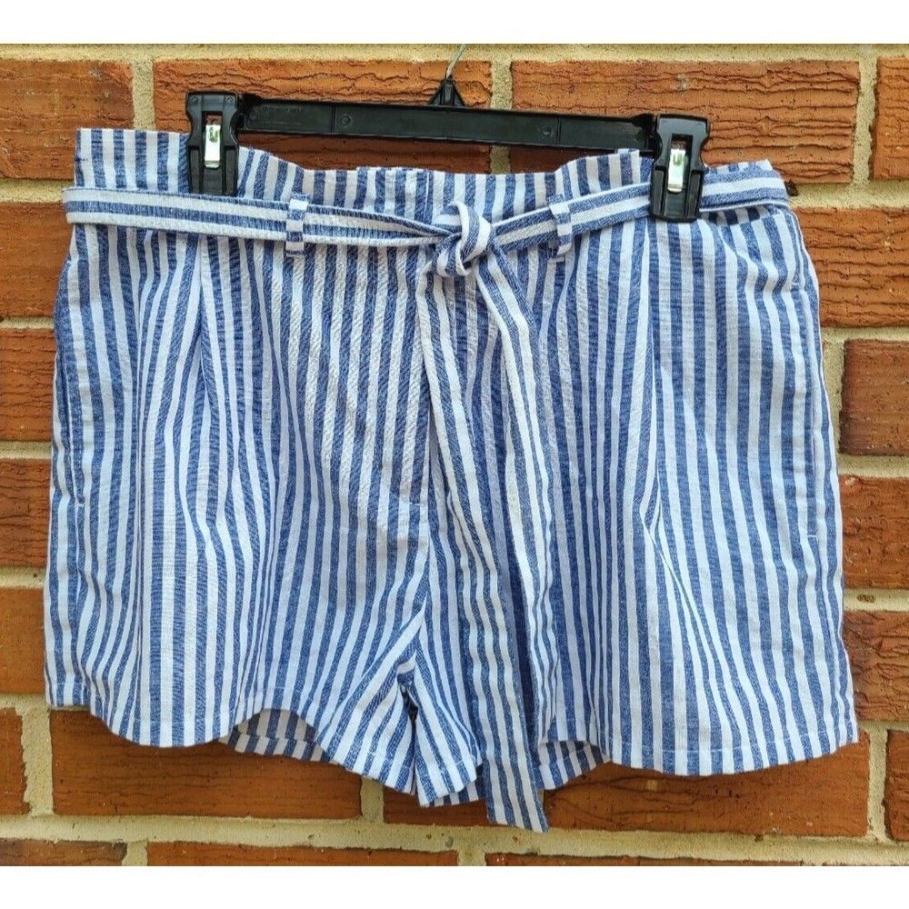 LOVE TREE Women's High-Rise Paperbag Shorts - White Black Striped - Size L
